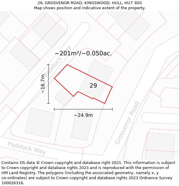 29, GROSVENOR ROAD, KINGSWOOD, HULL, HU7 3DS: Plot and title map
