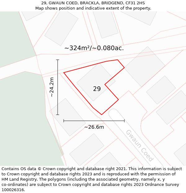 29, GWAUN COED, BRACKLA, BRIDGEND, CF31 2HS: Plot and title map