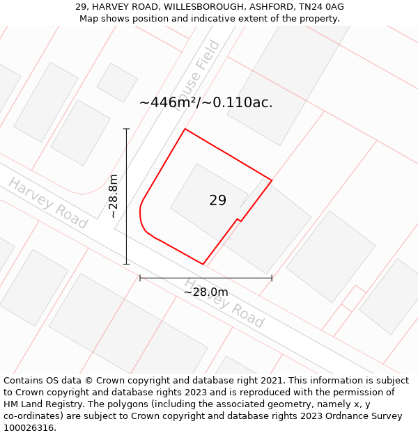 29, HARVEY ROAD, WILLESBOROUGH, ASHFORD, TN24 0AG: Plot and title map