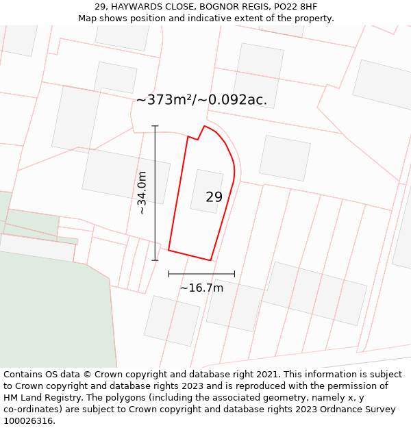 29, HAYWARDS CLOSE, BOGNOR REGIS, PO22 8HF: Plot and title map