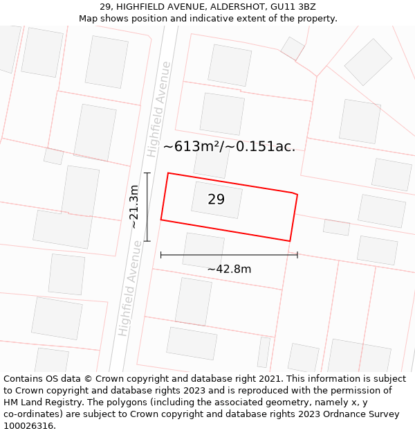 29, HIGHFIELD AVENUE, ALDERSHOT, GU11 3BZ: Plot and title map