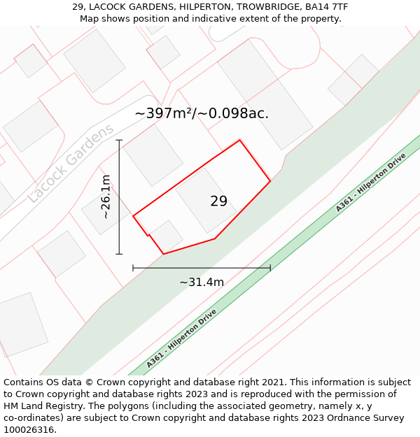 29, LACOCK GARDENS, HILPERTON, TROWBRIDGE, BA14 7TF: Plot and title map