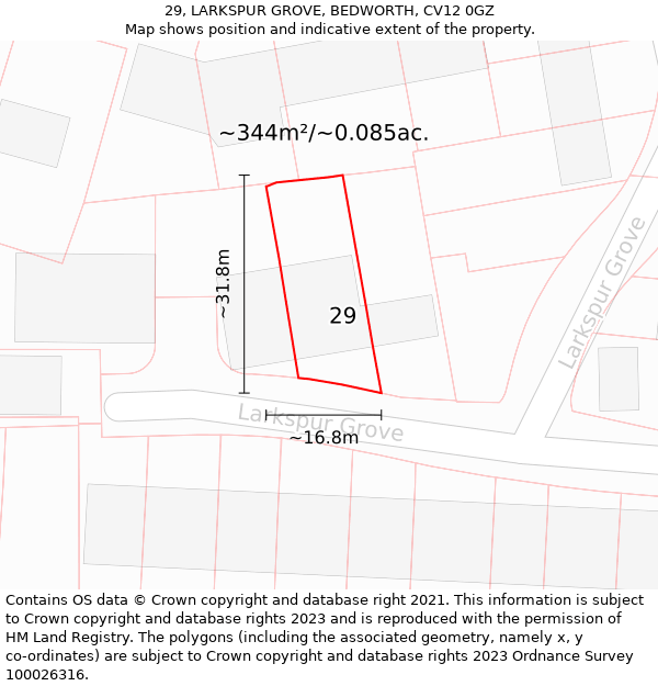 29, LARKSPUR GROVE, BEDWORTH, CV12 0GZ: Plot and title map