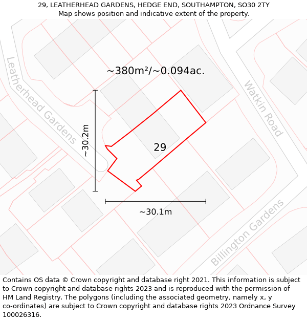 29, LEATHERHEAD GARDENS, HEDGE END, SOUTHAMPTON, SO30 2TY: Plot and title map