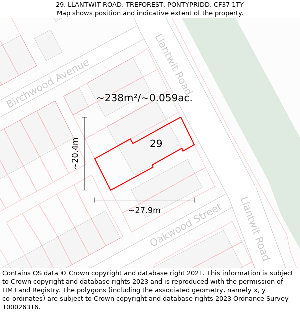 29, LLANTWIT ROAD, TREFOREST, PONTYPRIDD, CF37 1TY: Plot and title map