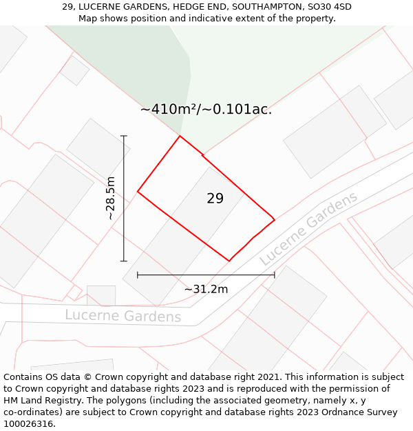 29, LUCERNE GARDENS, HEDGE END, SOUTHAMPTON, SO30 4SD: Plot and title map