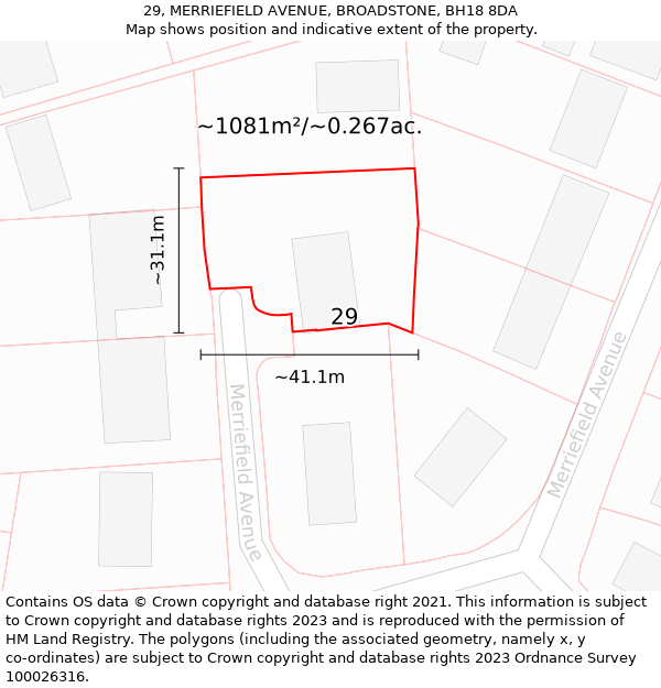 29, MERRIEFIELD AVENUE, BROADSTONE, BH18 8DA: Plot and title map