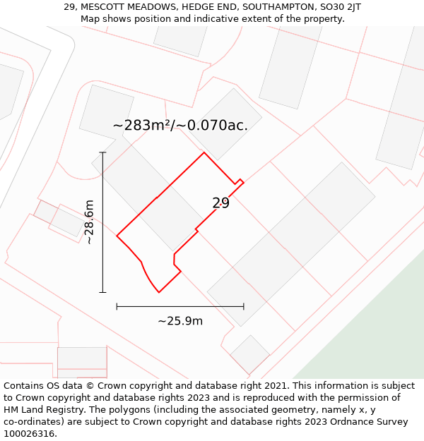 29, MESCOTT MEADOWS, HEDGE END, SOUTHAMPTON, SO30 2JT: Plot and title map