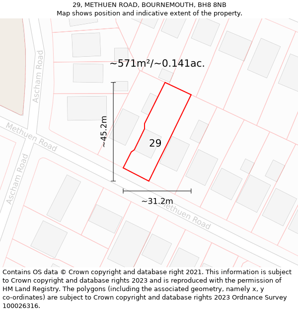 29, METHUEN ROAD, BOURNEMOUTH, BH8 8NB: Plot and title map