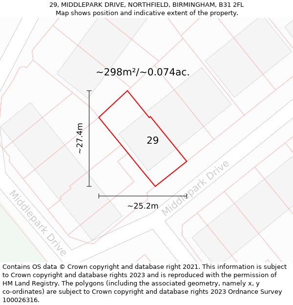 29, MIDDLEPARK DRIVE, NORTHFIELD, BIRMINGHAM, B31 2FL: Plot and title map