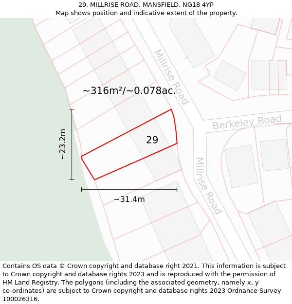 29, MILLRISE ROAD, MANSFIELD, NG18 4YP: Plot and title map