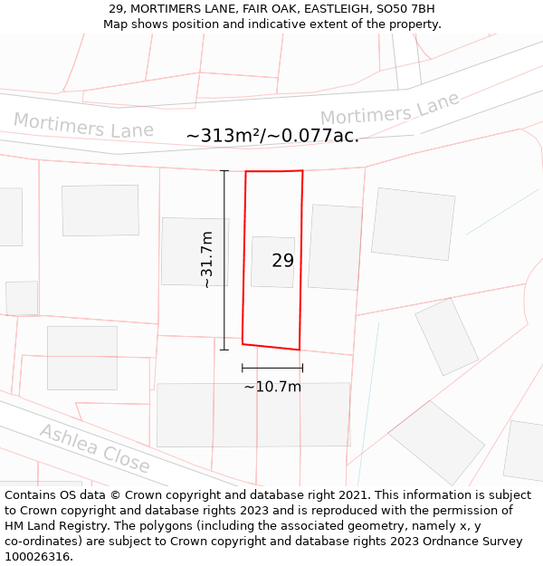 29, MORTIMERS LANE, FAIR OAK, EASTLEIGH, SO50 7BH: Plot and title map