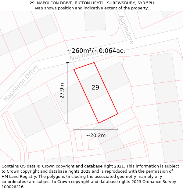 29, NAPOLEON DRIVE, BICTON HEATH, SHREWSBURY, SY3 5PH: Plot and title map