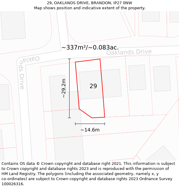 29, OAKLANDS DRIVE, BRANDON, IP27 0NW: Plot and title map