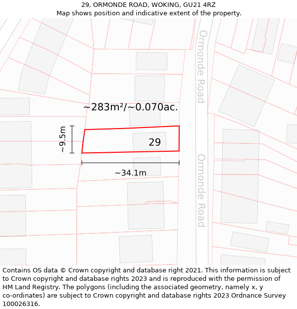 29, ORMONDE ROAD, WOKING, GU21 4RZ: Plot and title map