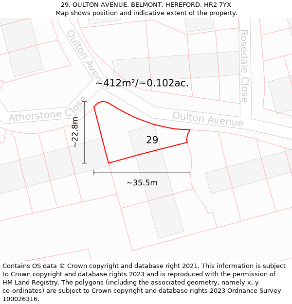 29, OULTON AVENUE, BELMONT, HEREFORD, HR2 7YX: Plot and title map