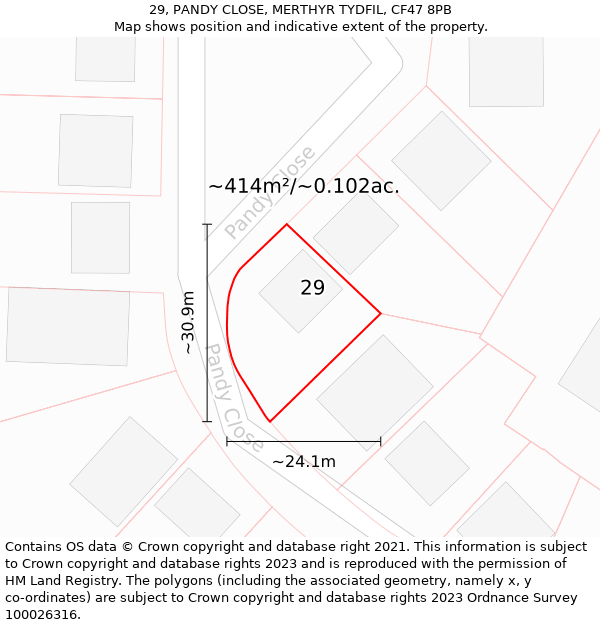 29, PANDY CLOSE, MERTHYR TYDFIL, CF47 8PB: Plot and title map