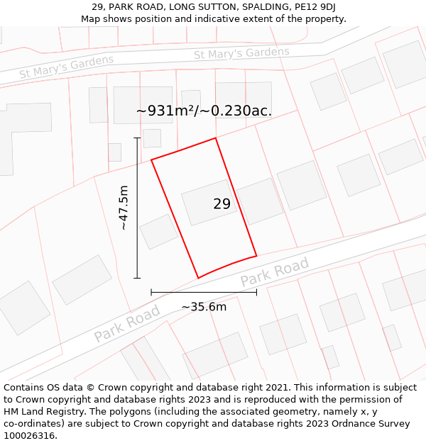 29, PARK ROAD, LONG SUTTON, SPALDING, PE12 9DJ: Plot and title map