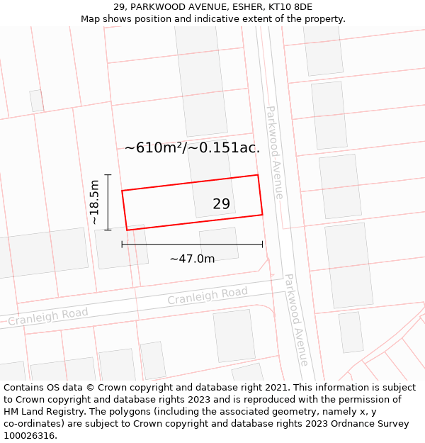 29, PARKWOOD AVENUE, ESHER, KT10 8DE: Plot and title map