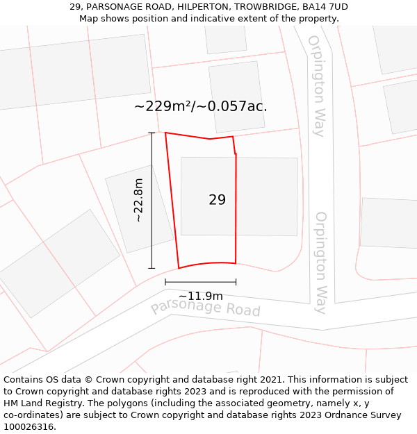 29, PARSONAGE ROAD, HILPERTON, TROWBRIDGE, BA14 7UD: Plot and title map