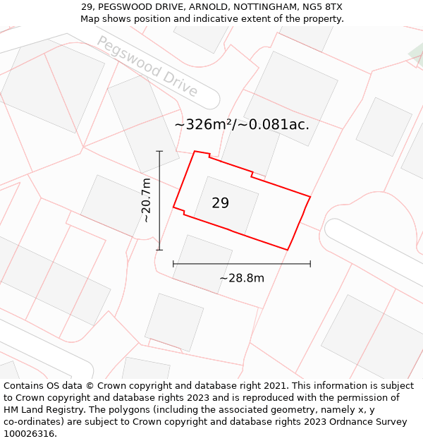 29, PEGSWOOD DRIVE, ARNOLD, NOTTINGHAM, NG5 8TX: Plot and title map