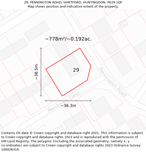 29, PENNINGTON ROAD, HARTFORD, HUNTINGDON, PE29 1QF: Plot and title map