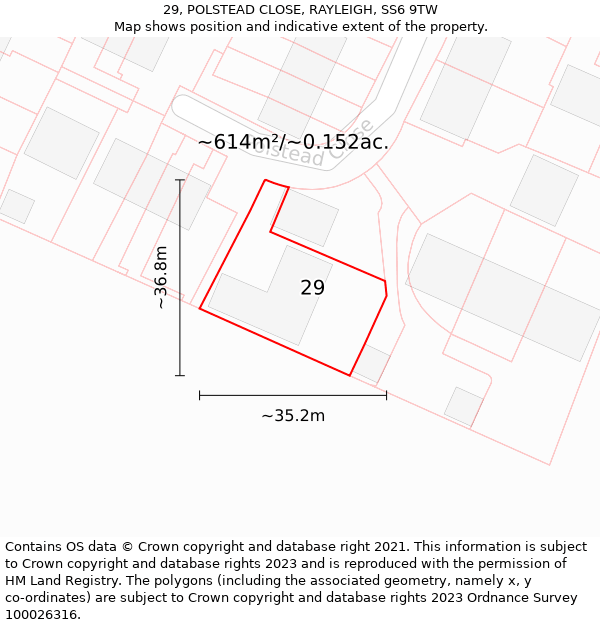 29, POLSTEAD CLOSE, RAYLEIGH, SS6 9TW: Plot and title map