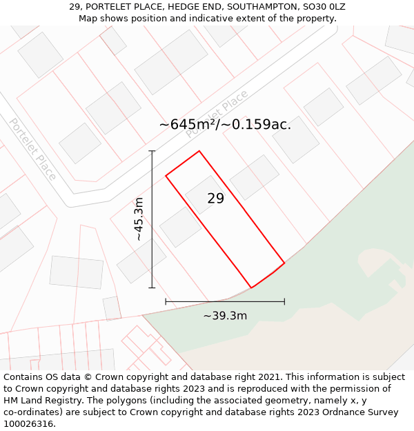 29, PORTELET PLACE, HEDGE END, SOUTHAMPTON, SO30 0LZ: Plot and title map