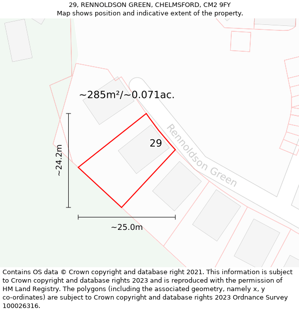 29, RENNOLDSON GREEN, CHELMSFORD, CM2 9FY: Plot and title map