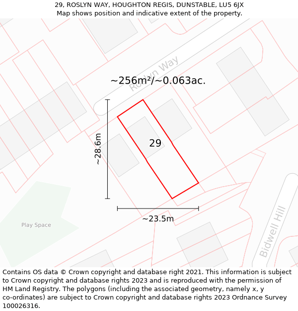 29, ROSLYN WAY, HOUGHTON REGIS, DUNSTABLE, LU5 6JX: Plot and title map