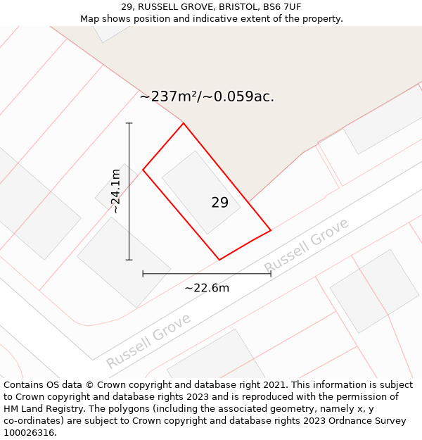 29, RUSSELL GROVE, BRISTOL, BS6 7UF: Plot and title map