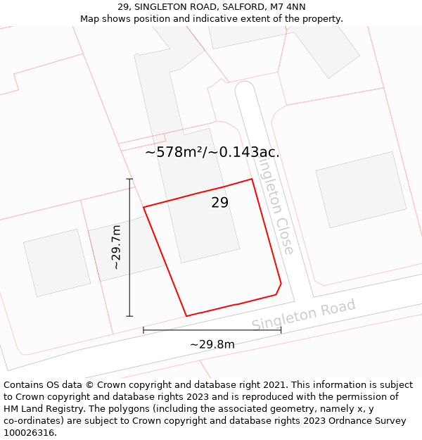 29, SINGLETON ROAD, SALFORD, M7 4NN: Plot and title map