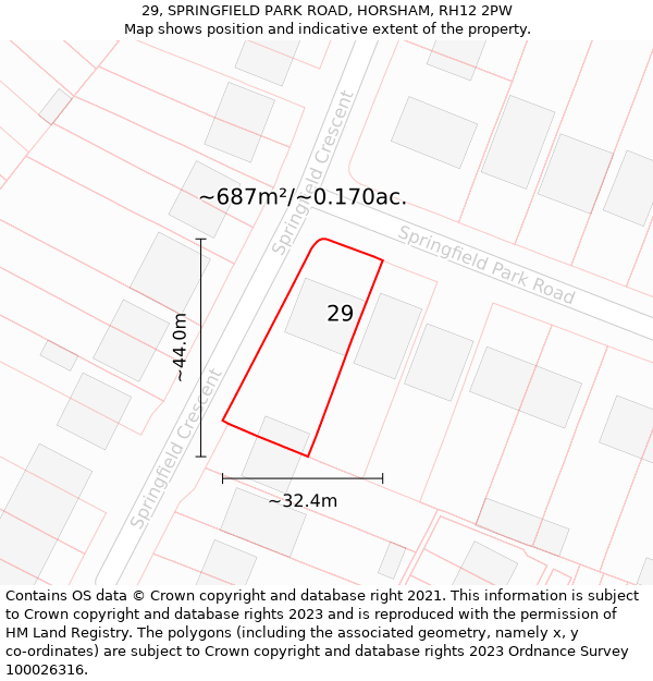 29, SPRINGFIELD PARK ROAD, HORSHAM, RH12 2PW: Plot and title map