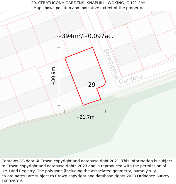 29, STRATHCONA GARDENS, KNAPHILL, WOKING, GU21 2AY: Plot and title map