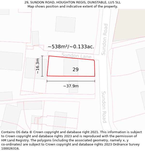 29, SUNDON ROAD, HOUGHTON REGIS, DUNSTABLE, LU5 5LL: Plot and title map