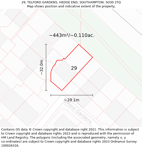 29, TELFORD GARDENS, HEDGE END, SOUTHAMPTON, SO30 2TQ: Plot and title map