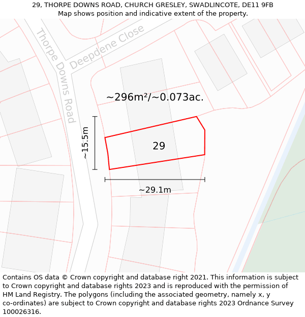 29, THORPE DOWNS ROAD, CHURCH GRESLEY, SWADLINCOTE, DE11 9FB: Plot and title map