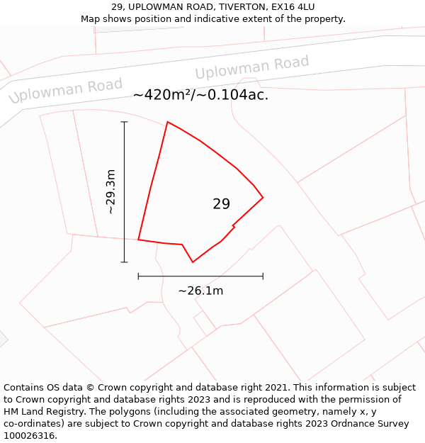 29, UPLOWMAN ROAD, TIVERTON, EX16 4LU: Plot and title map