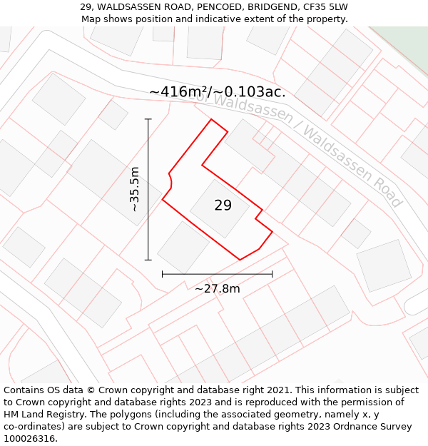 29, WALDSASSEN ROAD, PENCOED, BRIDGEND, CF35 5LW: Plot and title map