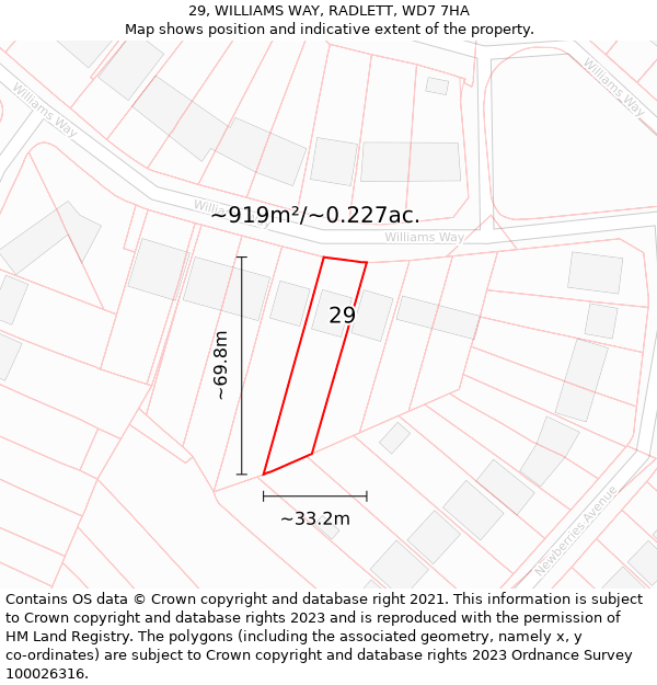 29, WILLIAMS WAY, RADLETT, WD7 7HA: Plot and title map