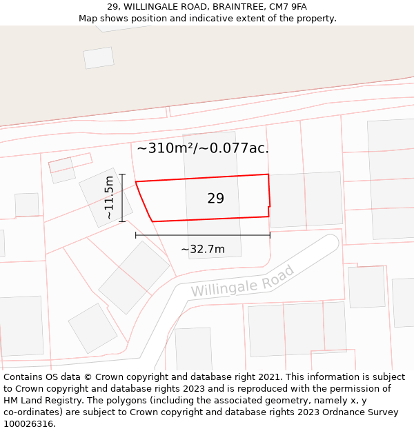 29, WILLINGALE ROAD, BRAINTREE, CM7 9FA: Plot and title map