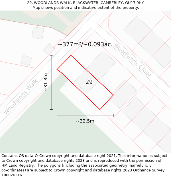 29, WOODLANDS WALK, BLACKWATER, CAMBERLEY, GU17 9HY: Plot and title map