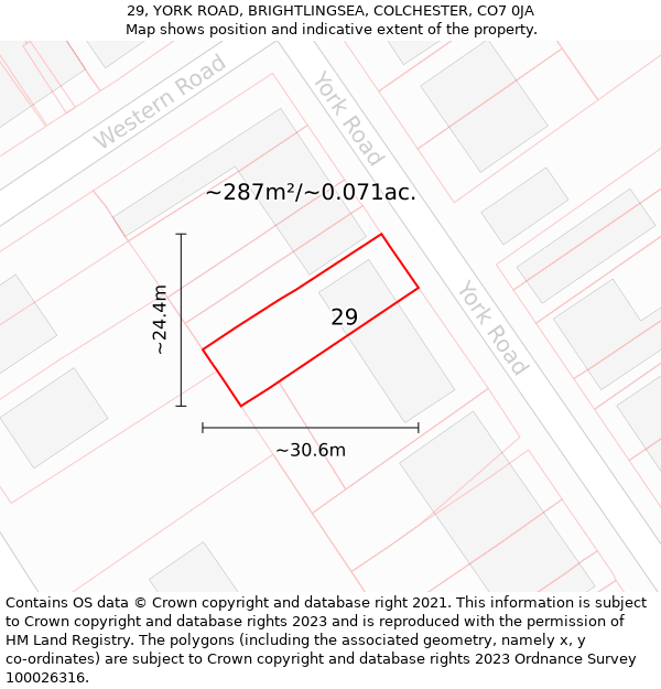 29, YORK ROAD, BRIGHTLINGSEA, COLCHESTER, CO7 0JA: Plot and title map