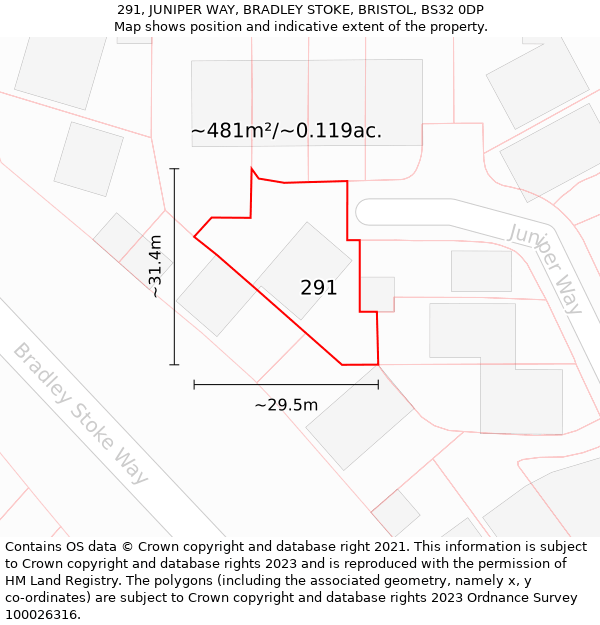 291, JUNIPER WAY, BRADLEY STOKE, BRISTOL, BS32 0DP: Plot and title map
