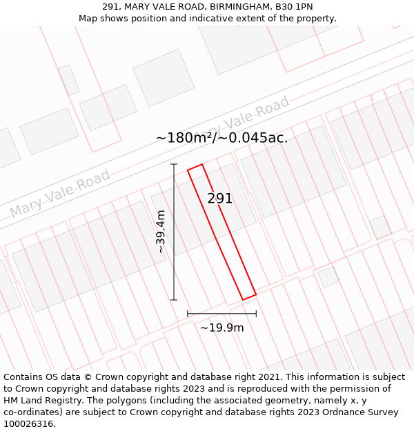 291, MARY VALE ROAD, BIRMINGHAM, B30 1PN: Plot and title map