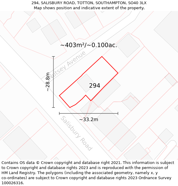 294, SALISBURY ROAD, TOTTON, SOUTHAMPTON, SO40 3LX: Plot and title map