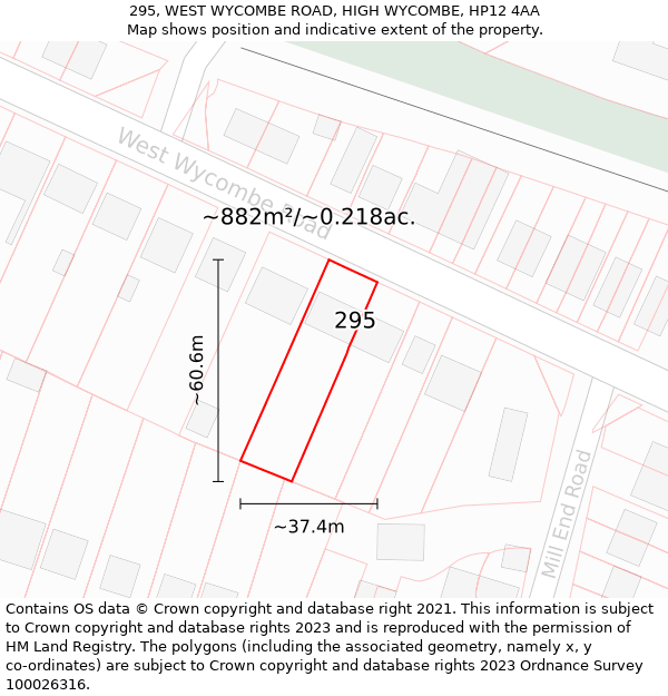 295, WEST WYCOMBE ROAD, HIGH WYCOMBE, HP12 4AA: Plot and title map