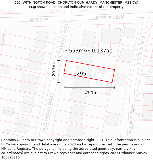 295, WITHINGTON ROAD, CHORLTON CUM HARDY, MANCHESTER, M21 0YA: Plot and title map