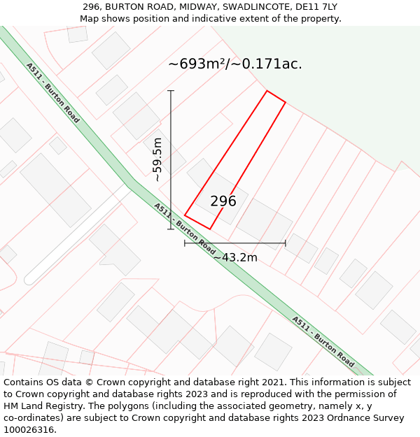 296, BURTON ROAD, MIDWAY, SWADLINCOTE, DE11 7LY: Plot and title map