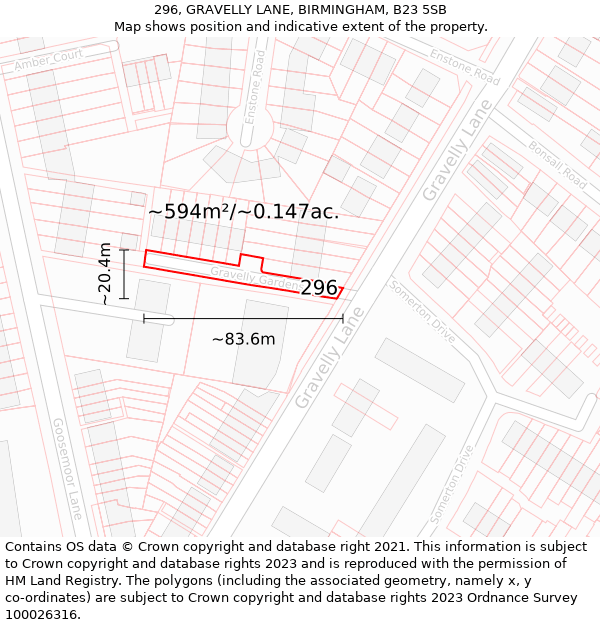 296, GRAVELLY LANE, BIRMINGHAM, B23 5SB: Plot and title map